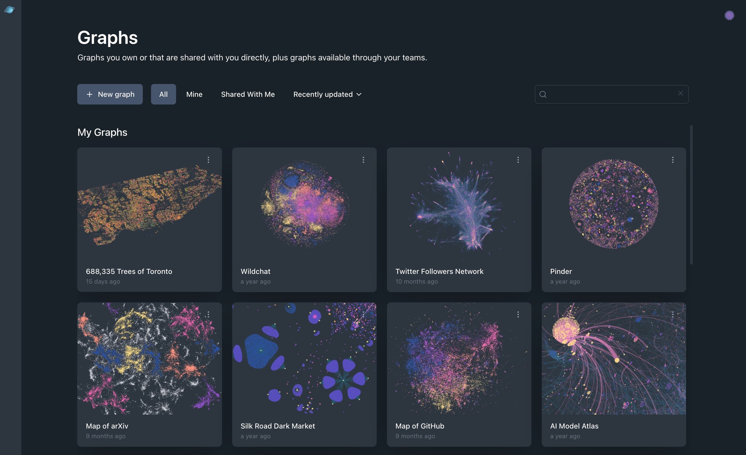 Cosmograph Graphs workspace showing saved project thumbnails, filters, sorting, and search
