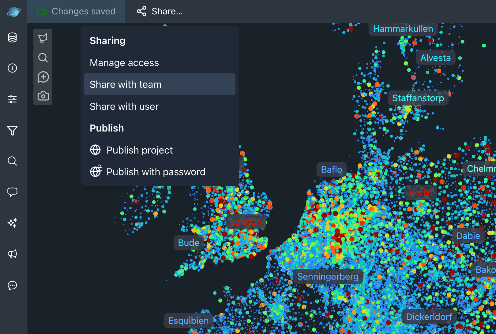Cosmograph project sharing menu with a team-share option